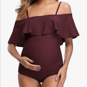 Flounce off the shoulder maternity swimsuit